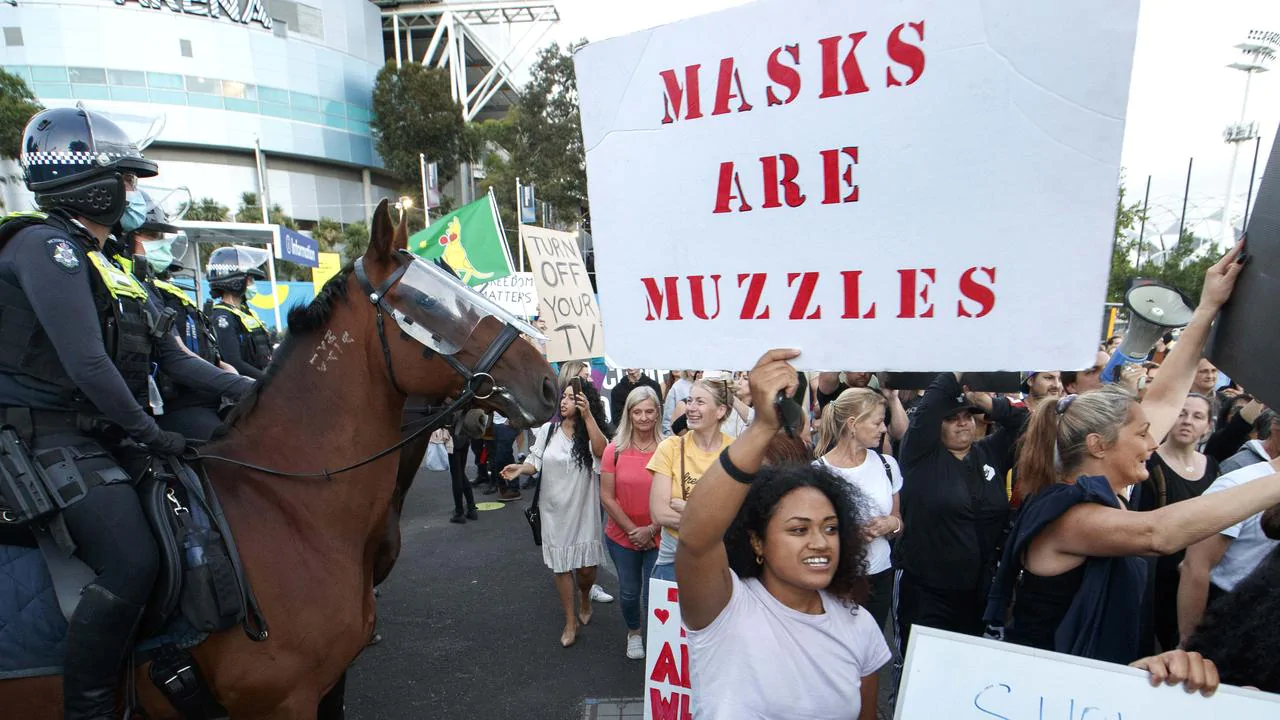 Victoria anti-lockdown protest outside Australian Open, Melbourne Park