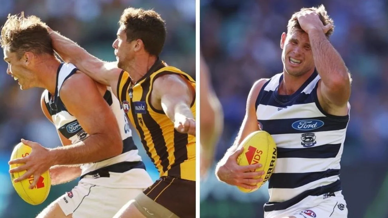 Geelong defeats Hawthorn, Channel 7 commentary slammed, Kyle Hartigan punch, Tom Hawkins, concussion, Danny Frawley, Brian Taylor, James Brayshaw