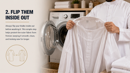 A white thobe being flipped inside out before putting it in the washing machine. The best way to take care of your thobe or any other garment.