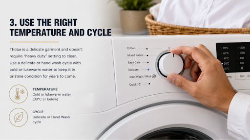 The image shows a washing machine setting panel, which should ideally be moved to delicate mode for washing garments like a thobe. 