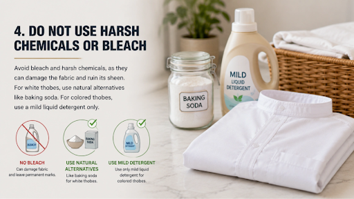 This image talks depicts that a mild detergent is always prefered for washing thobes, do not use bleach.
