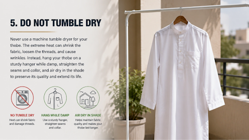 This image showcases a damp thobe hung on a hanger for drying, never dry wash them in a tumbler.