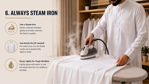 Image shows a thobe being steam ironed instead of generic iron, which is most recommended for taking care of the thobe.