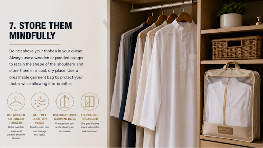 Image shows thobes hung on a wooden hanger in a closet, which is the best way to store them.